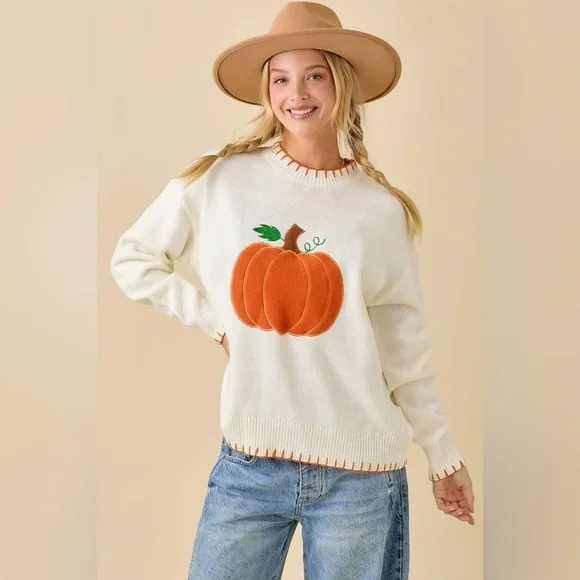 Textured Pumpkin Patch Sweater Knit Top with Stitching Detail - Main Strip - Picture 6 of 6